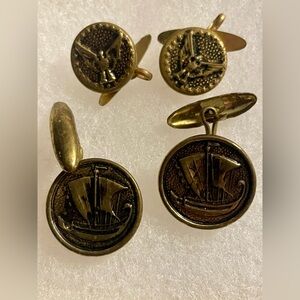 Antique Brass Cuff Links Viking Ship Pair 3/4” Round Nautical & pair of eagles